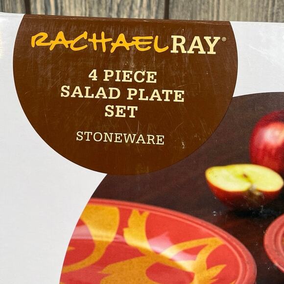 Rachael Ray 4 Piece Salad Plate Stoneware Gold Scroll Cranberry Red 8" Dinner - Picture 3 of 6